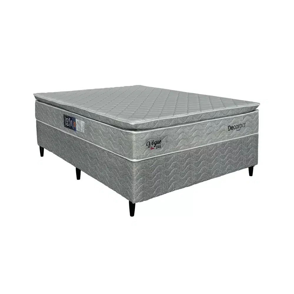 CONJUNTO CAMA BOX CASAL ESPUMA VOGUE D45 C/EPS CINZA CHAPISCADO 138X188X70 120KG DESIGN DECOROAR 