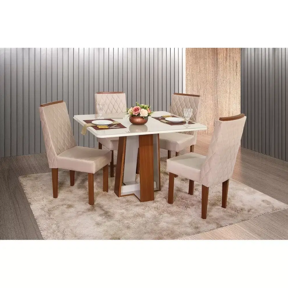 SALA JANTAR 4 CADEIRAS RETANGULAR 120X90 LAIS C/VIDRO NATURALE/OFF TEC PIENZA BEGE MDF SAO CARLOS