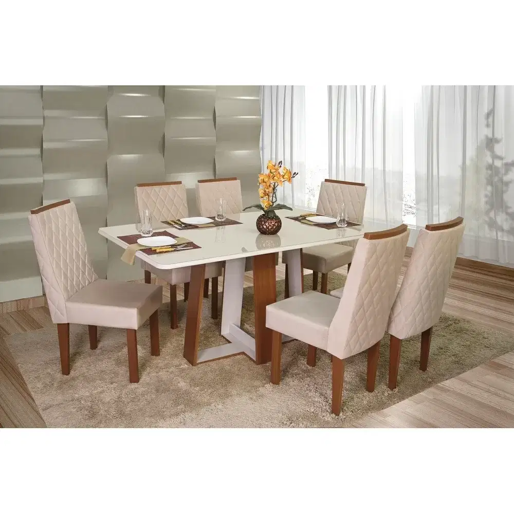 SALA JANTAR 6 CADEIRAS RETANGULAR 160X90 LAIS C/VIDRO NATURALE/OFF TEC PIENZA BEGE MDF SAO CARLOS