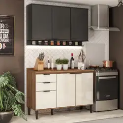 Armário de Cozinha Completa c/ Tampo Lótus Tiny Carraro Freijó Off White Preto Touch