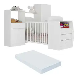 Quarto Infantil com Berço-Cômoda e Colchão Incluso Laura Multimóveis Branco