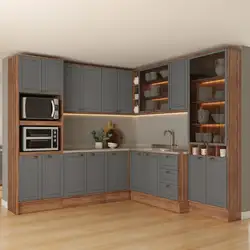 Armário de Cozinha Completa c Balcão Milla Aura Carraro Nogal Cinza Titânio