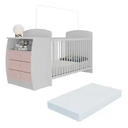 Berço Cômoda com Colchão Incluso Colinho de Mãe Multimóveis Branco/Rosa